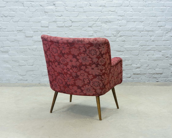 Image 1 of Vintage design club chair in cherry red fabric, 1950s. Ref: CH219