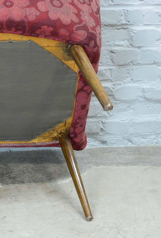 Image 1 of Vintage design club chair in cherry red fabric, 1950s. Ref: CH219