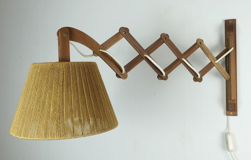 Mid Century Modern Wood And Sisal Wall Lamp Swiveling Extendable 1950S 60S Scissor Lamp