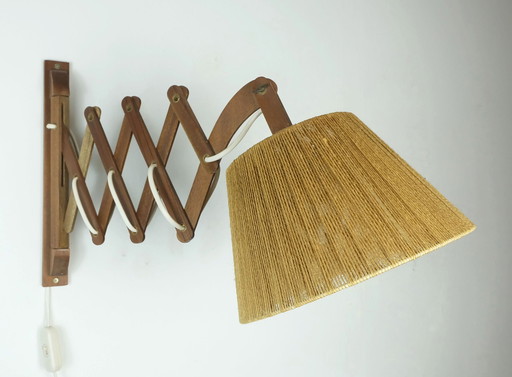 Mid Century Modern Wood And Sisal Wall Lamp Swiveling Extendable 1950S 60S Scissor Lamp