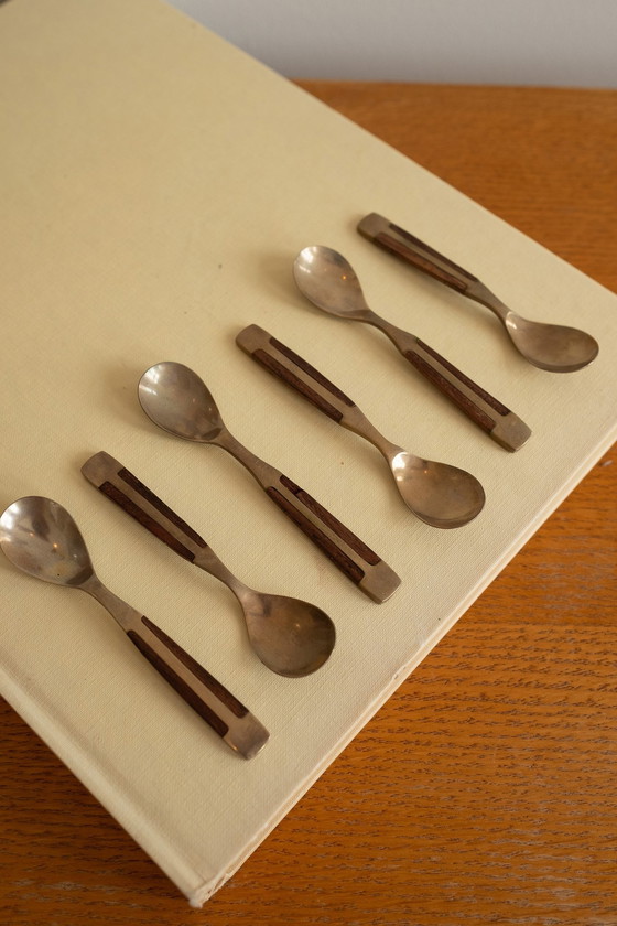 Image 1 of Bronze Coffee Or Dessert Spoons With Wooden Details