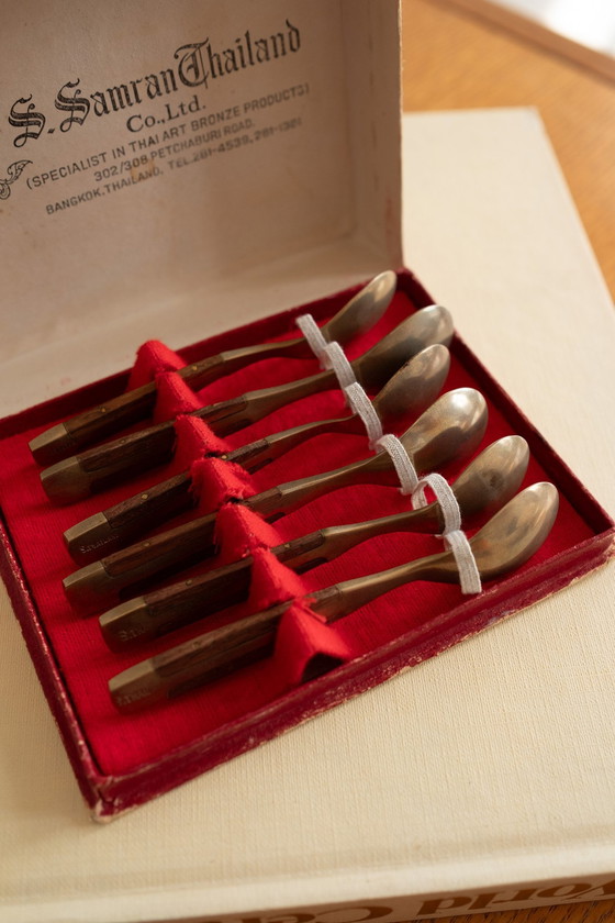 Image 1 of Bronze Coffee Or Dessert Spoons With Wooden Details