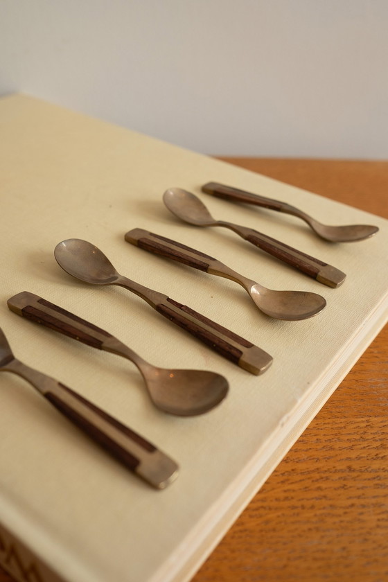 Image 1 of Bronze Coffee Or Dessert Spoons With Wooden Details