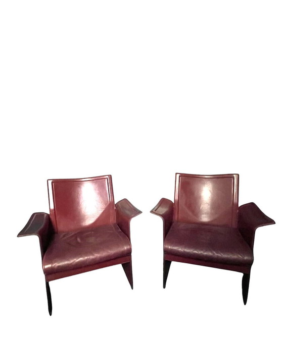 Image 1 of 2x Tito Angoli For Matteo Grassi '80S Leather Armchairs Korium