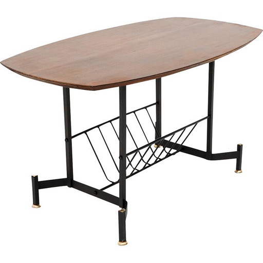 Vintage coffee table in teak veneered plywood and metal with magazine rack, Italy 1950