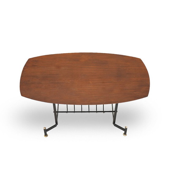Image 1 of Tavolino da caffè vintage in compensato impiallacciato teak e metallo con portariviste, Italia 1950