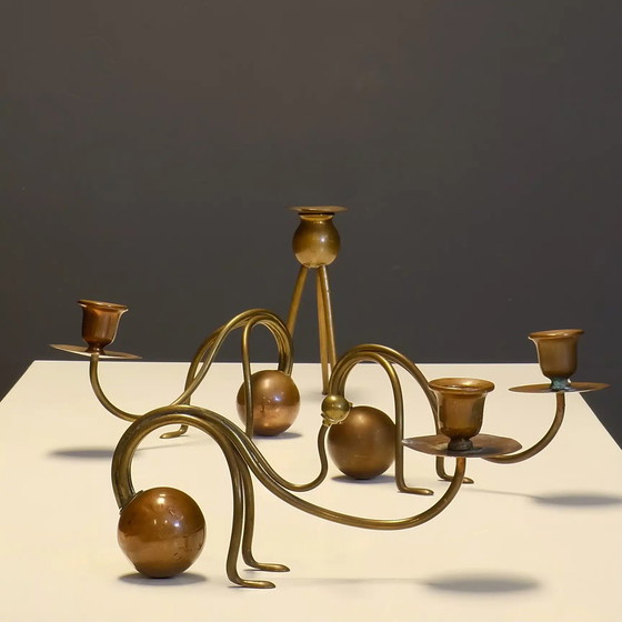 Image 1 of Set of 4 brass & copper candlesticks by Carl Deffner (1856-1948), Esslingen, from the Jugendstil period, c. 1910