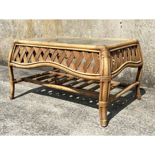 Vintage rectangular bamboo and rattan coffee table, 1960