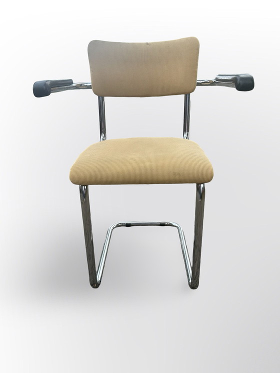 Image 1 of Cute Tube Frame Chair From The Sixties With Black Plastic Armrests.