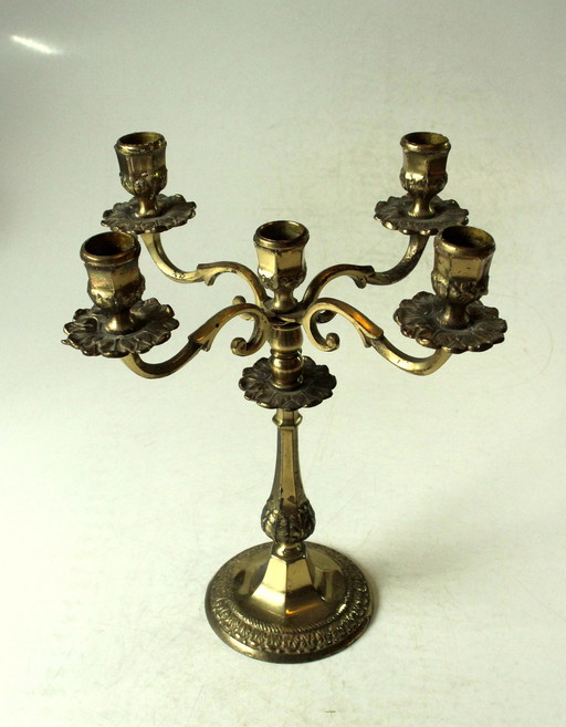Candelabra candlestick with 5 arms, solid brass, vintage