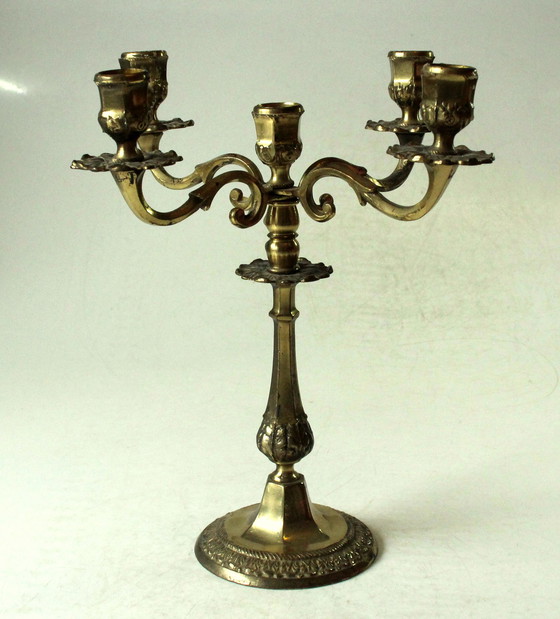 Image 1 of Candélabre bougeoir à 5 branches, laiton massif, vintage