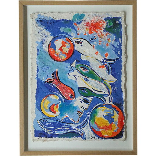 Vintage color lithograph with fish and faces by Dagmar Glemme