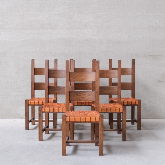 Image 1 of Set of 6 vintage leather and oakwood Dutch dining chairs, 1970s