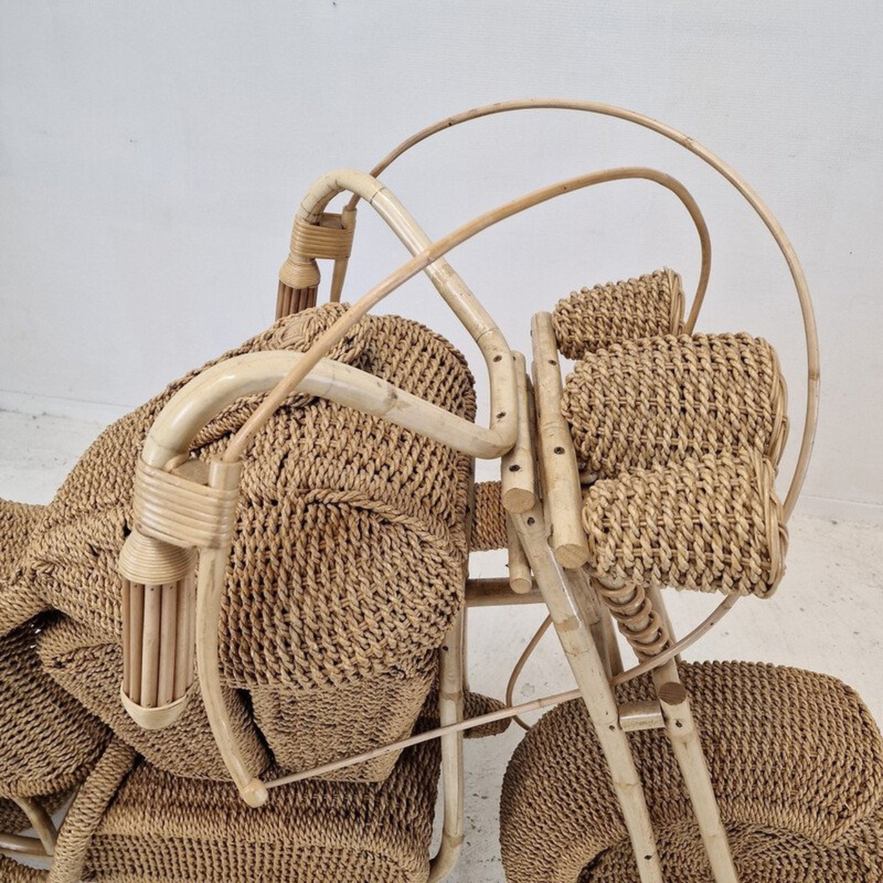 Vintage Harley Davidson motorcycle sculpture in woven rattan and