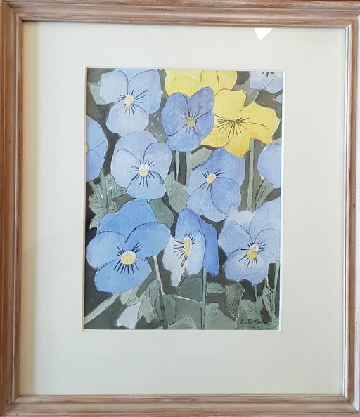 Mooie Aquarel Kunstwerk, bloemen in blauw en geel – schilderijen tekeningen, Paper, Figuratief
