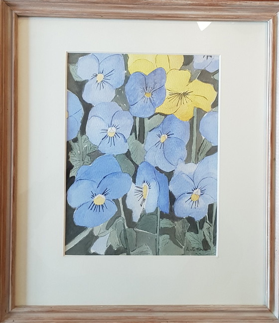 Image 1 of Mooie Aquarel Kunstwerk, bloemen in blauw en geel