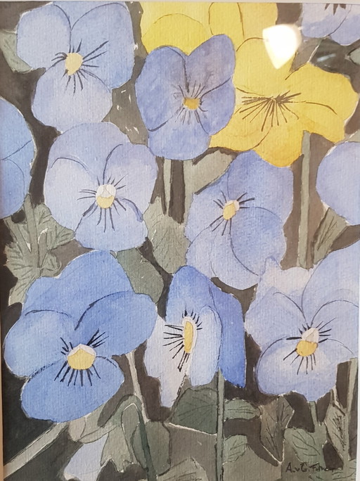 Mooie Aquarel Kunstwerk, bloemen in blauw en geel – schilderijen tekeningen, Paper, Figuratief (photo 2 of 6)