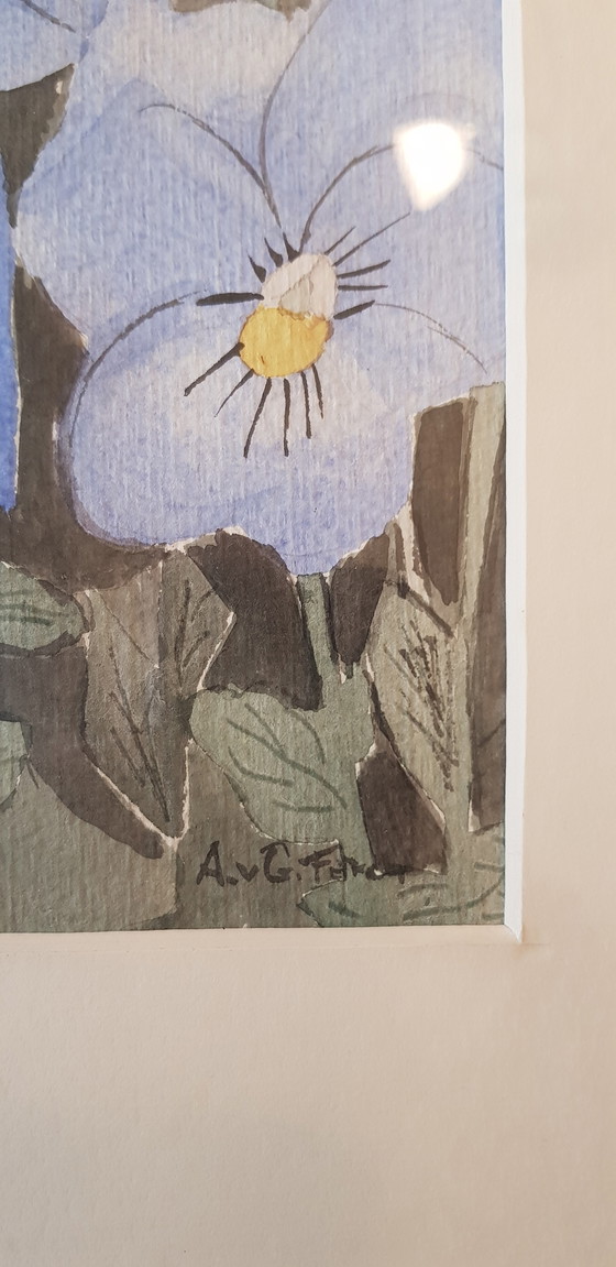 Image 1 of Mooie Aquarel Kunstwerk, bloemen in blauw en geel