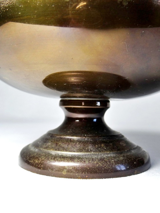 Image 1 of Brass bowl on antique patina foot with lace edges and handles