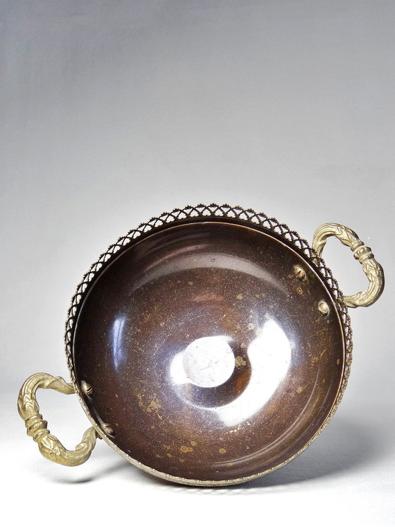 Image 1 of Brass bowl on antique patina foot with lace edges and handles