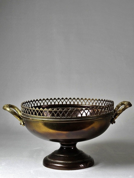 Image 1 of Brass bowl on antique patina foot with lace edges and handles