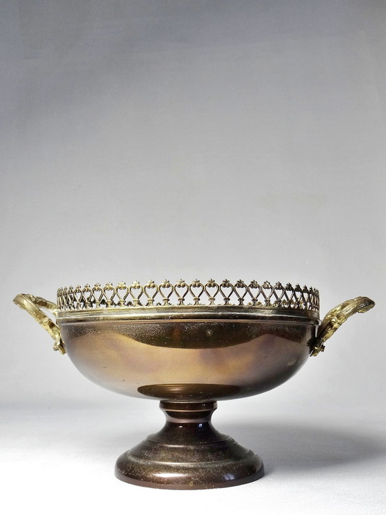 Image 1 of Brass bowl on antique patina foot with lace edges and handles