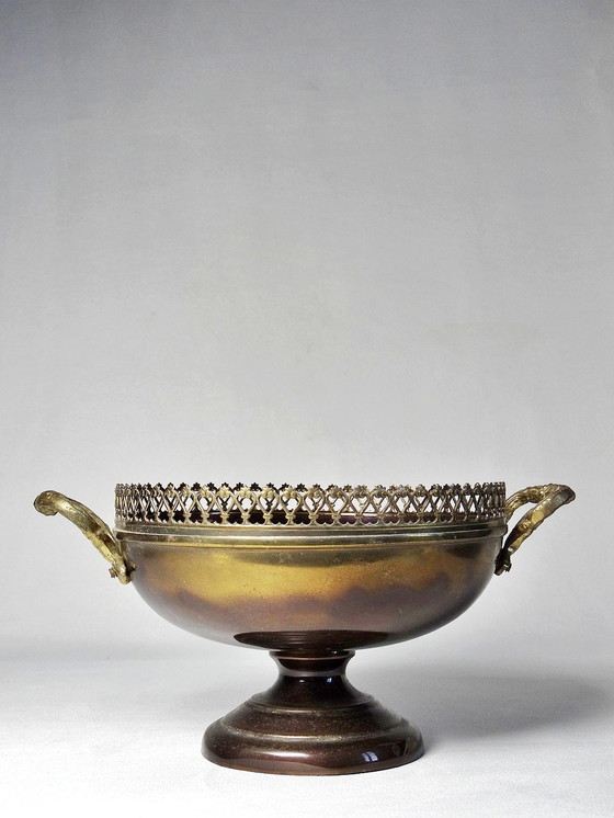 Image 1 of Brass bowl on antique patina foot with lace edges and handles