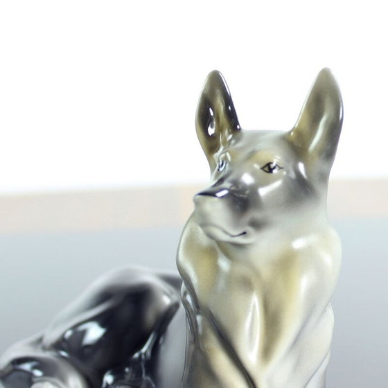 Image 1 of Mid-century porcelain statue of German Shepard by Hollohaza, Hungary 1831