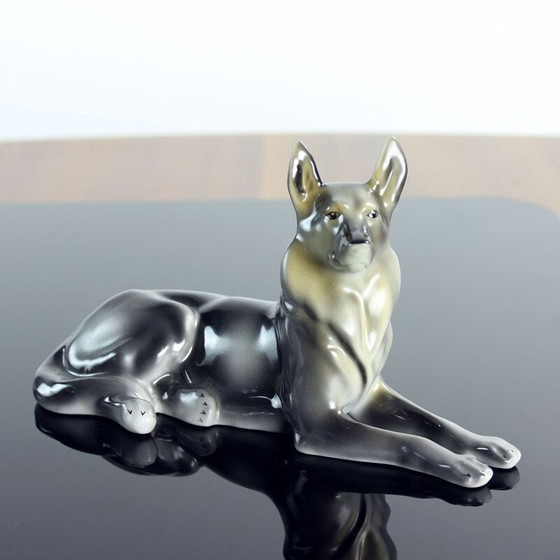 Image 1 of Mid-century porcelain statue of German Shepard by Hollohaza, Hungary 1831