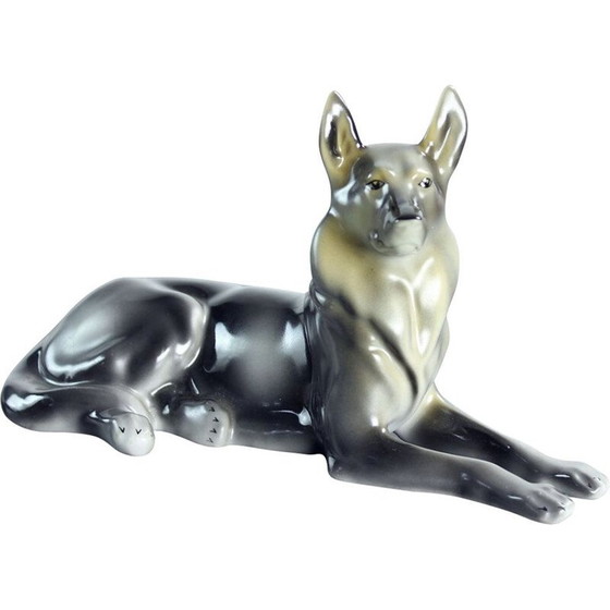 Image 1 of Mid-century porcelain statue of German Shepard by Hollohaza, Hungary 1831