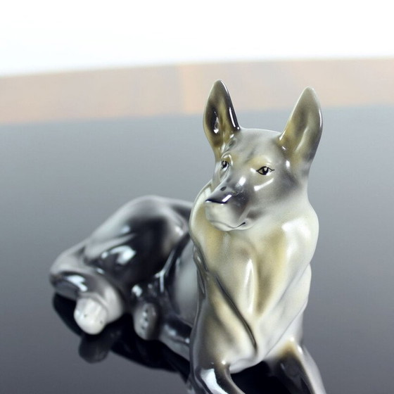 Image 1 of Mid-century porcelain statue of German Shepard by Hollohaza, Hungary 1831