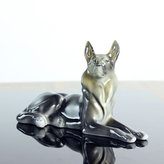 Image 1 of Mid-century porcelain statue of German Shepard by Hollohaza, Hungary 1831