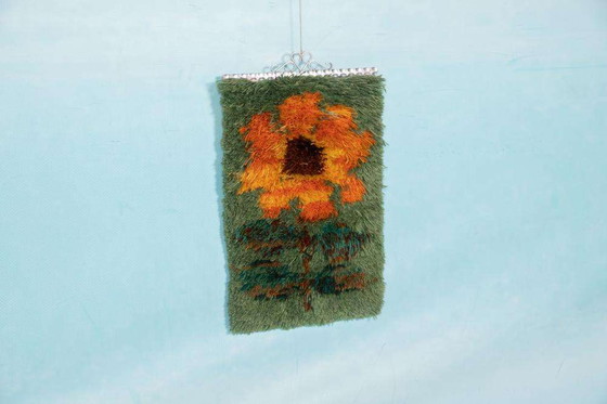 Image 1 of Vintage Rya tapestry orange flower, Sweden 1960s wall back