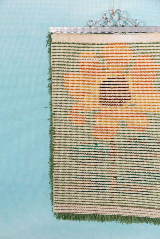 Image 1 of Vintage Rya tapestry orange flower, Sweden 1960s wall back