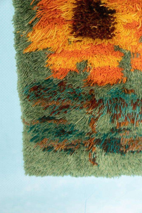 Image 1 of Vintage Rya tapestry orange flower, Sweden 1960s wall back