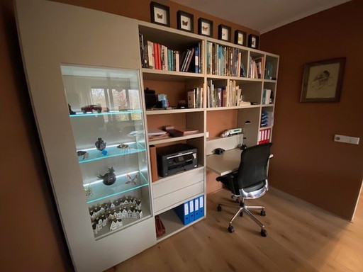 Hulstra Workplace/Bookcase And Desk Chair, Silk Gray Matte Fitted With Drawers, Desk Shelf, Display Cabinet And Lighting