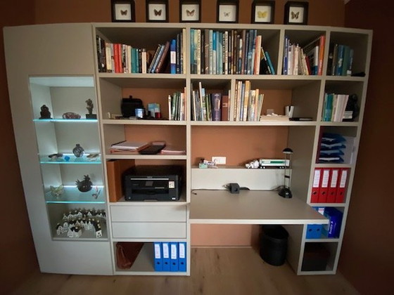 Image 1 of Hulstra Workplace/Bookcase And Desk Chair, Silk Gray Matte Fitted With Drawers, Desk Shelf, Display Cabinet And Lighting