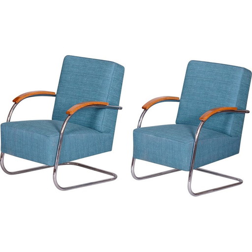 Pair of vintage blue armchairs by Mucke-Melder, Czechia 1930s