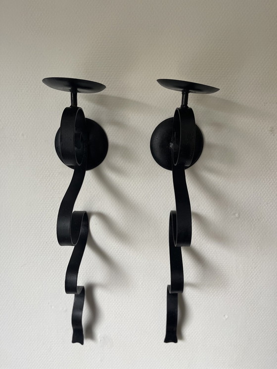 Image 1 of Set/2 Wrought Iron Brutalist Wall Candlesticks