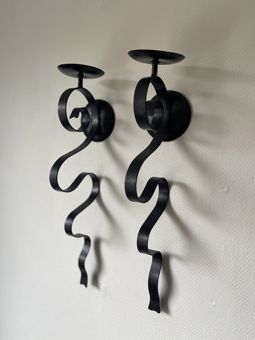 Set/2 Wrought Iron Brutalist Wall Candlesticks