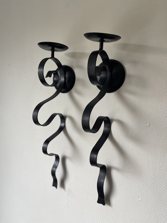 Image 1 of Set/2 Wrought Iron Brutalist Wall Candlesticks