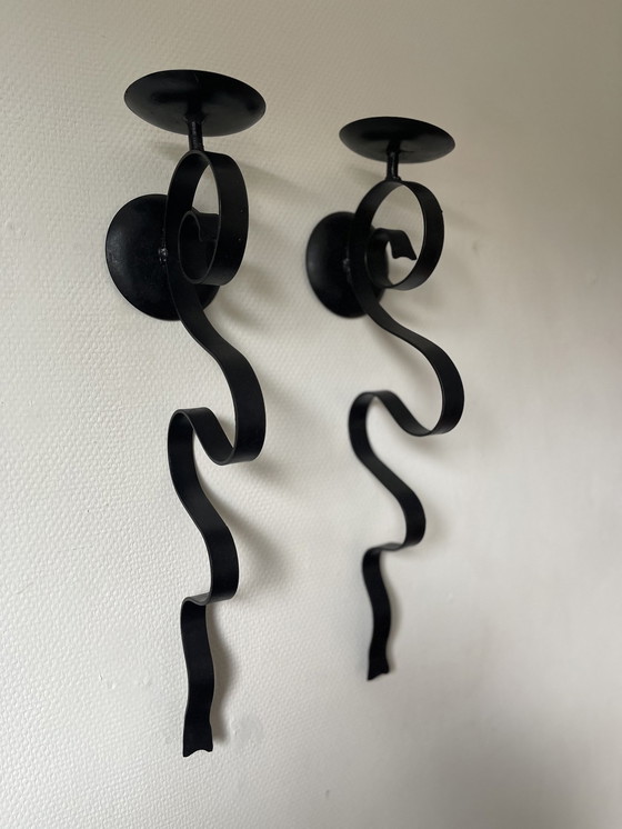 Image 1 of Set/2 Wrought Iron Brutalist Wall Candlesticks