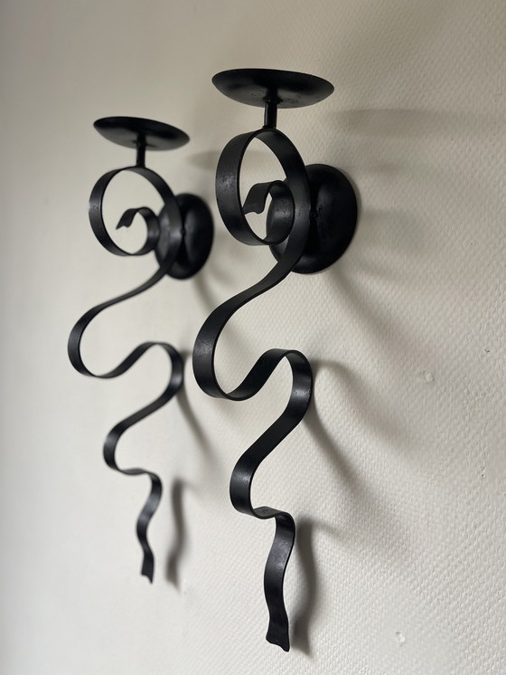 Image 1 of Set/2 Wrought Iron Brutalist Wall Candlesticks