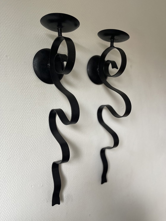 Image 1 of Set/2 Wrought Iron Brutalist Wall Candlesticks