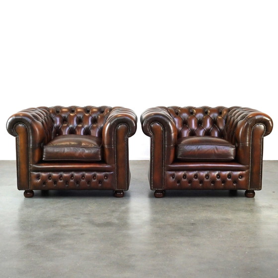 Image 1 of 2 x Fauteuil Chesterfield en cuir de vachette marron anglais