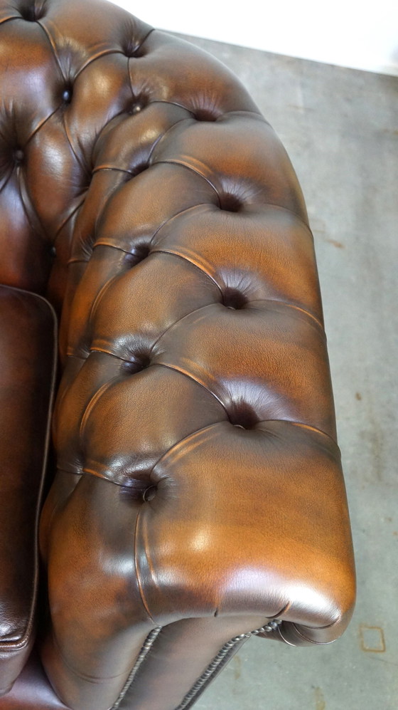 Image 1 of 2 x Fauteuil Chesterfield en cuir de vachette marron anglais