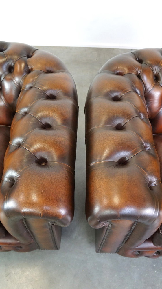 Image 1 of 2 x Fauteuil Chesterfield en cuir de vachette marron anglais