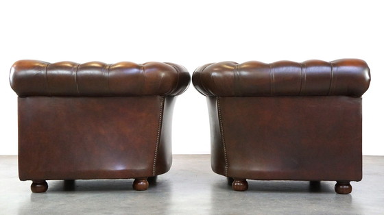 Image 1 of 2 x Fauteuil Chesterfield en cuir de vachette marron anglais