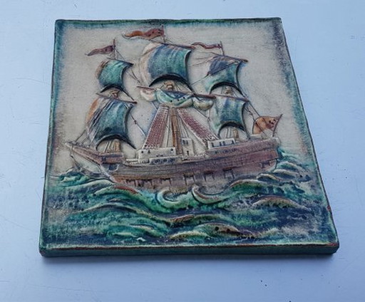 German Hand-Crafted Ceramic Wall Panel With Ship By Karlsruher Majolika, 1960S