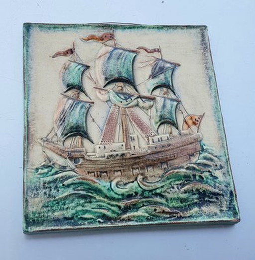 German Hand-Crafted Ceramic Wall Panel With Ship By Karlsruher Majolika, 1960S